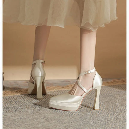 Pointed Toe Shallow Mouth Block Heel Hollow Platform Super High Heel Single Shoes Women's Anti-Slip Wear-Resistant Shoes