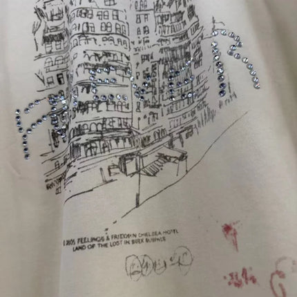Vintage Cream Washed Ringer Neck Men T-Shirt PALY Distressed Retro City Sketch & Portrait Print Tee