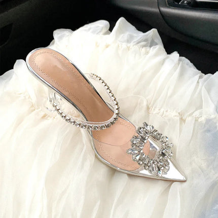 New PVC Transparent Crystal Women Slippers Summer Pointed Toe High Heels Sexy Slides Ladies Party Sandals Pumps Shoes