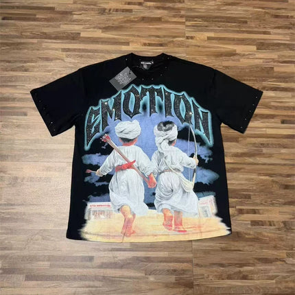 Fashion Brand Mixed Emotion Embroidery Rhinestone American Streetwear Angel Print Hot Diamond Top Tee Men Women Loose T shirts