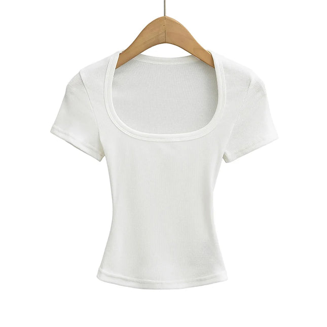Square Collar High Stretch Summer Crop Tops Women Short Sleeve Tops Sexy Pullover Bottoming Blouses Slim - product image 12