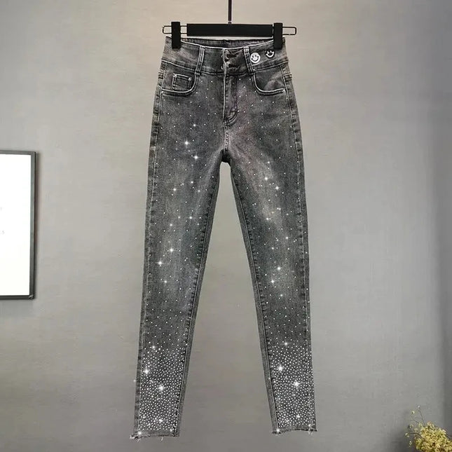 Damen Jeans 2025 Sommer Neu Elastisch Slim Heavy Industry Hot Diamond Kleine Fuß Bleistifthose Weiblich Lässige Denim Hose