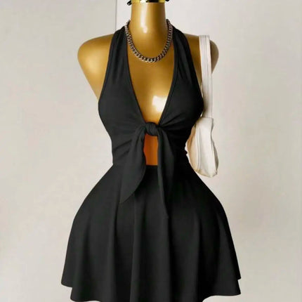 Halter Deep V Front Tie Cut Out Mini Dress Summer Y2K Night Club Party Flare Skirt Dresses