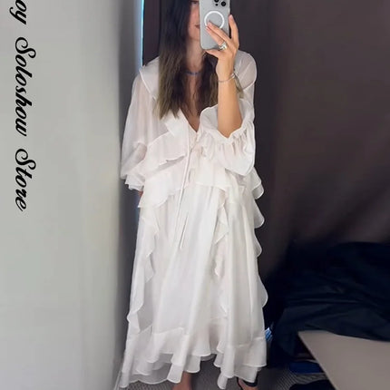 Elegant Ruffle Women's Dress Summer Solid V Neck Full Sleeve Loose Long Casual Dresses New Street Beach Vacation Robe 2026