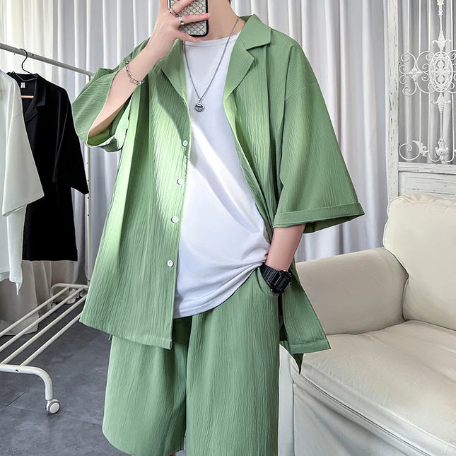 Koreanischer Herren-Set Hemd+Shorts, Unifarbenes Kurzarm-Oberteil mit passender Hose, Sommer-Mode, Übergroße Kleidung für Herren