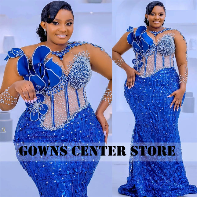 Wunderschöne königsblaue Meerjungfrau Abendkleider afrikanisch Langarm Kristalle Perlen Aso Ebi Hochzeitsfeier Ballkleider Übergröße Maßanfertigung