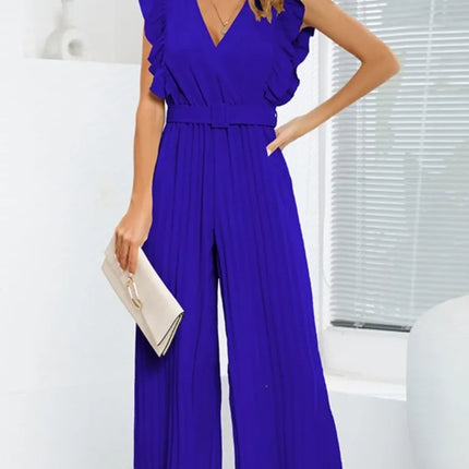 Women's Jumpsuit Long Pants Flying Sleeve V-neck High Waist Belt Cropped Fold Pants Solid Color Temperament Fashion Women's Wear
