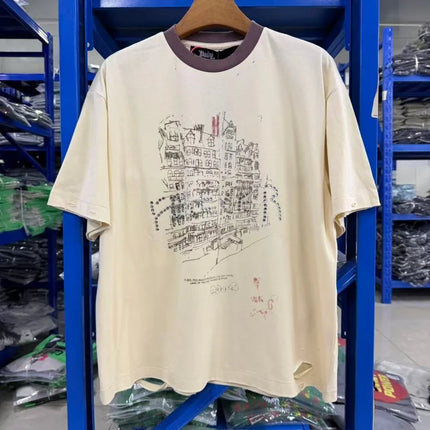 Vintage Cream Washed Ringer Neck Men T-Shirt PALY Distressed Retro City Sketch & Portrait Print Tee