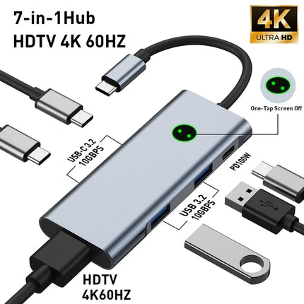7-in-1 USB C Hub 4K60Hz HDTV One-Tap Screen Off 2xUSB-A 3.2 10Gbps 2xUSB-C 3.2 10Gbps PD 100W Aluminum for Laptop Home Office