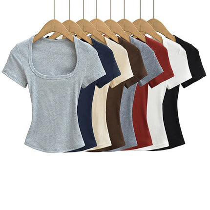 Square Collar High Stretch Summer Crop Tops Women Short Sleeve Tops Sexy Pullover Bottoming Blouses Slim T-shirt