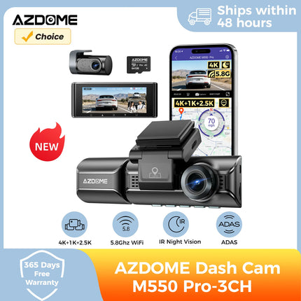 AZDOME M550 Pro 3-Channel Dash Cam 4K+1K+2.5K Car Camera Voice Control Built-in 5.8Ghz WiFi GPS ADAS IR Night Vision 24H Parking