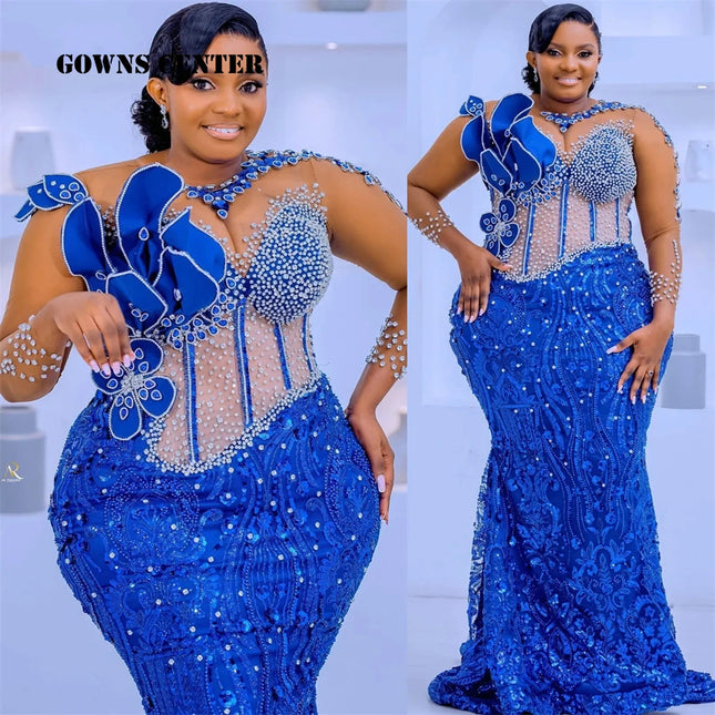 Wunderschöne königsblaue Meerjungfrauen-Abendkleider Afrikanische lange Ärmel Kristalle Perlen Aso Ebi Hochzeitsfeierkleider Übergröße Maßgeschneidert
