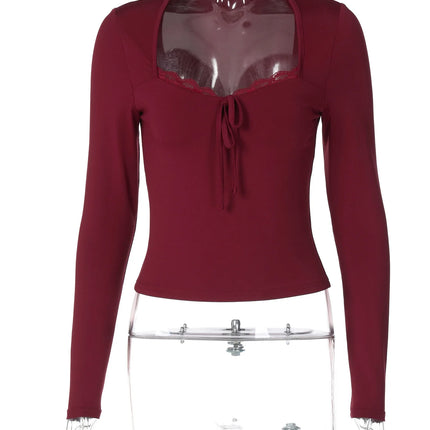 Dulzura 2025 Autumn Latest Fashion Sexy Square Collar Long Sleeve Slim Lace Up Lace Ruffles Patchwork T-Shirt Party Club Clothes