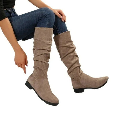 Plus Size Slip-On Western Boots Women High Tube Round Head Solid Color Flat Heel Fashion Boots Velvet Material Comfortable Winte