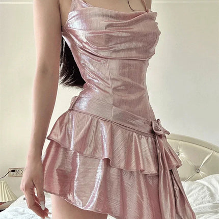 Sexy Ruffle Mini Dress Pink Asymmetrical Bodycon Summer Dress Elegant Party Dress for Women 2023 Fashion Bow Knot Vestidos