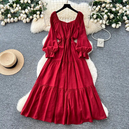 OCEANLOVE Woman Dresses Lantern Sleeve Square Neck Bandage Vestidos Para Mujer Solid Korean Fashion Retro Sweet Long Dress