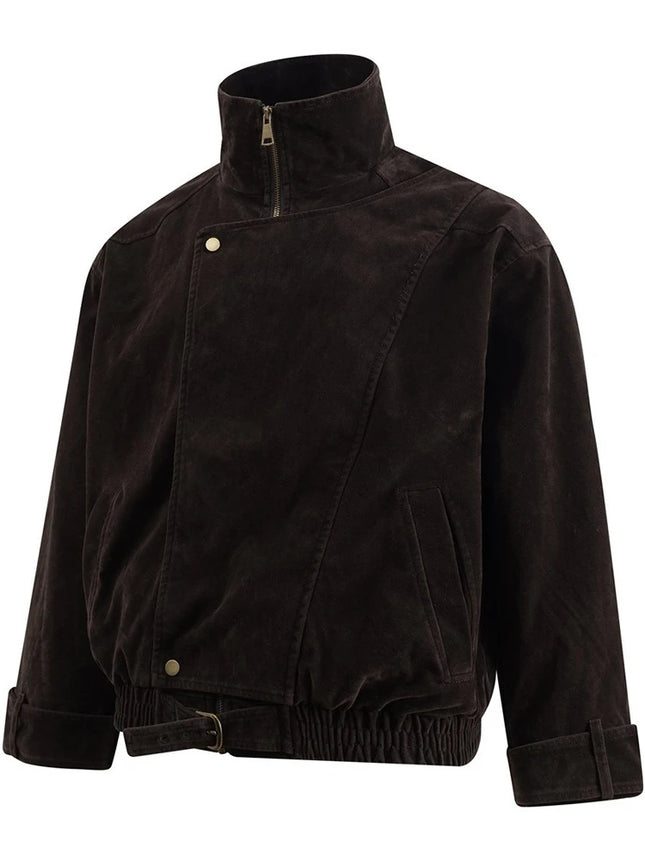 Chaquetas de hombre, ropa de calle, chaqueta americana de trabajo, color liso, cuello alto, diseño de cremallera asimétrica, moda de otoño de corte limpio