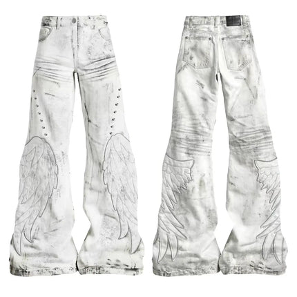 Y2K Distressed Wing Patch Embroidery Slight Flare Pants Slim Punk Jeans for Men and Women