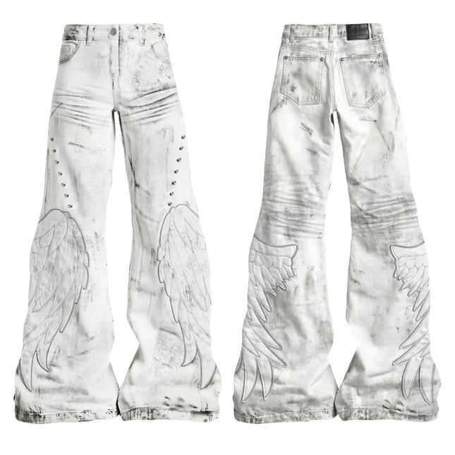 Y2K Distressed Wing Patch Embroidery Slight Flare Pants Slim Punk Jeans for Men and Women