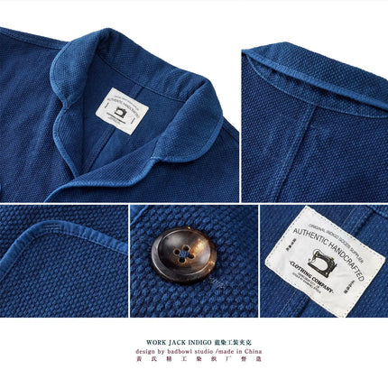Heavyweight 400gsm Kendo Sashiko Fabric - Indigo Plant-Dyed French Workwear Blazer (Vintage Style) Hand-Dyed Natural Jackets
