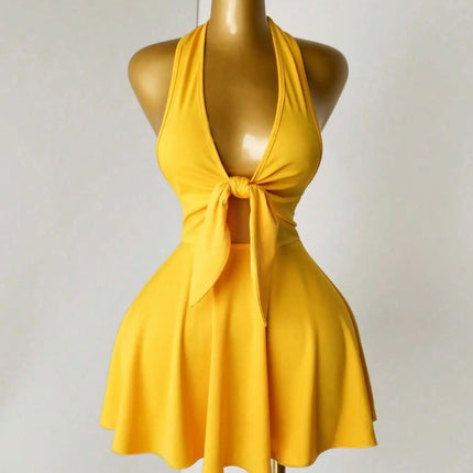 Halter Deep V Front Tie Cut Out Mini Dress Summer Y2K Night Club Party Flare Skirt Dresses