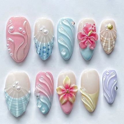 24pcs Almond False Nails Tips Summer Beach Colorful Nails Sets with Pearl Flower Design Press on Nails Art Wearable Fake Nail