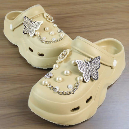 Women DIY Silver Butterfly-Knot Fashion Bow Decor Clogs Summer Sping Autumn Beach Sandals Cave Hole Garden Shoes Students Girls