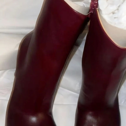 New Cute Burgundy Red Leather Paw-Toe Boots Feline Foot Shape Slim Silhouette Chunky Heels Design Fashion Mid-Calf Boots