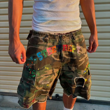 Y2K American Vintage Camouflage Pocket Denim Shorts Men Hip Hop Style Holes Trendy Streetwear Unisex Baggy Jeans Shorts Pants