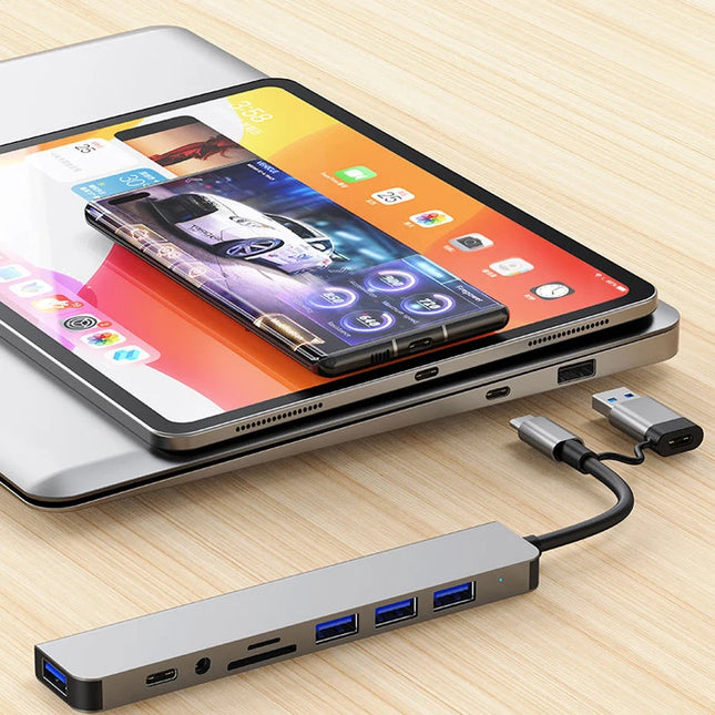 8 in 2 USB +USB-C HUB Docking Station with 3.5mm Audio Jack Adapter for Micro SD Card Reader Laptop Tablet Phone - product im
