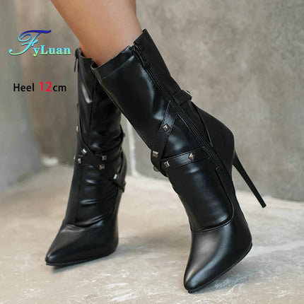 12CM Ultra High Heel Pointed Toe Stiletto Boots Women Ankle Boots Fashion Rivet Band T Show Short Booties Winter Female Shoes
