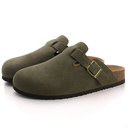 Olive green textured buckle clogs with rounded toes