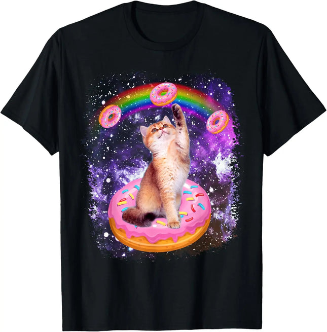 Katze im Weltall reitet auf Donut Regenbogen Galaxie Kätzchen Grafik T-Shirt Weiches Rundhals-T-Shirt Damen Kleidung Mode Sommer Streetwear Y2K Top