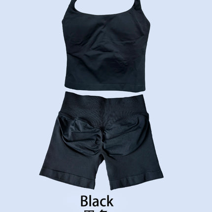DFLOGO Women 2Pcs Yoga Set Halter U Neck Crop Tank High Waist Tummy Control Biker Shorts Seamless Gym Workout Sport Tracksuit
