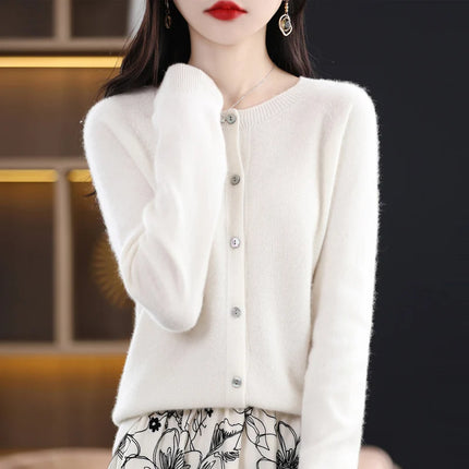 Spring and autumn new women's 100% wool knitted cardigan coat loose O-neck sweater coat fashion solid color coat