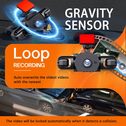4-Channel 1080P Dash Camera Front Rear Left Right Camera Night Vision Adjustable Lens DVR with 64GB Card for Vehicle Safety