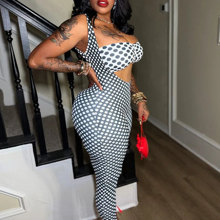 Kricesseen Polka Dot Print Cut Out Sexy Jumpsuit Women Headband Sets Skinny Bodycon One Piece Clubwear Summer Streetwear Outfits