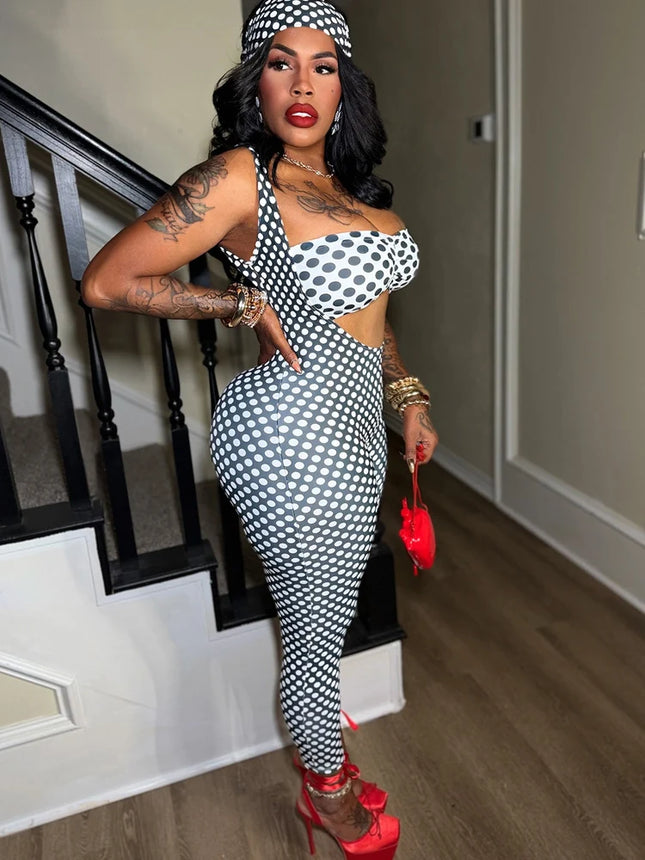 Kricesseen Polka Dot Print Cut Out Sexy Jumpsuit Damen Stirnband Sets Skinny Bodycon Einteiler Clubwear Sommer Streetwear Outfits
