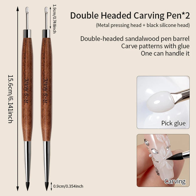 RSNAIL 1/2PCS Pincel de uñas de doble cabeza de madera Pluma de silicona para tallado Suministros de uñas Pluma de pintura de flores para herramientas de arte de uñas