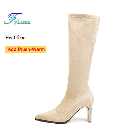 Spring Autumn Elastic Leather Boots For Women 6CM 8CM High Heels Side Zipper Knee-high Boors Fashion Pointed Winter Woman Shoes