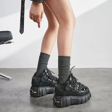 2026 New Brand Punk Style Women Shoes Lace-up heel height 6CM Platform Shoes Woman Rock Boots Metal Decor Woman Sneakers