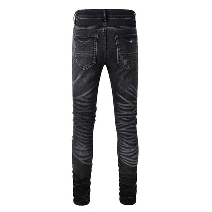 Gray Distressed jeans Holes Paisley Bandanna Patchwork pants Skinny Stretch Ripped Jeans Men