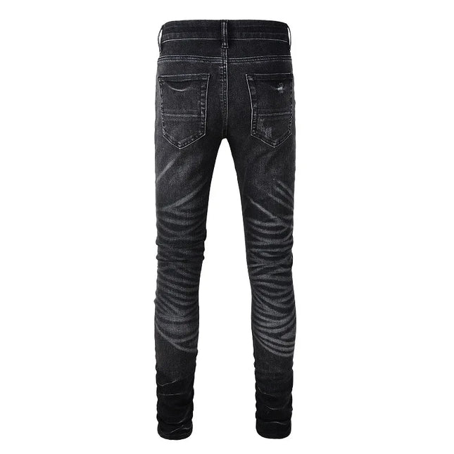 Graue Used-Jeans mit Löchern, Paisley-Bandana-Patchwork, Skinny Stretch Ripped Jeans für Herren