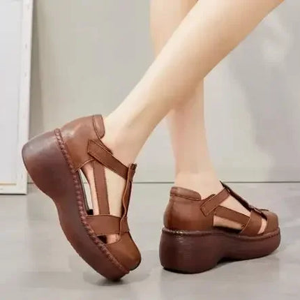 Top quality 6.5CM Retro Summer Shoes Women Wedges Sandals Handmade Genuine Leather Hollow Platform Casual Sandals Female Black
