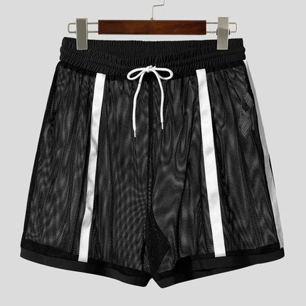 INCERUN Summer Men Shorts Mesh Patchwork Drawstring Loose See Through Male Shorts Streetwear 2025 Sexy Vacation Men Bottoms