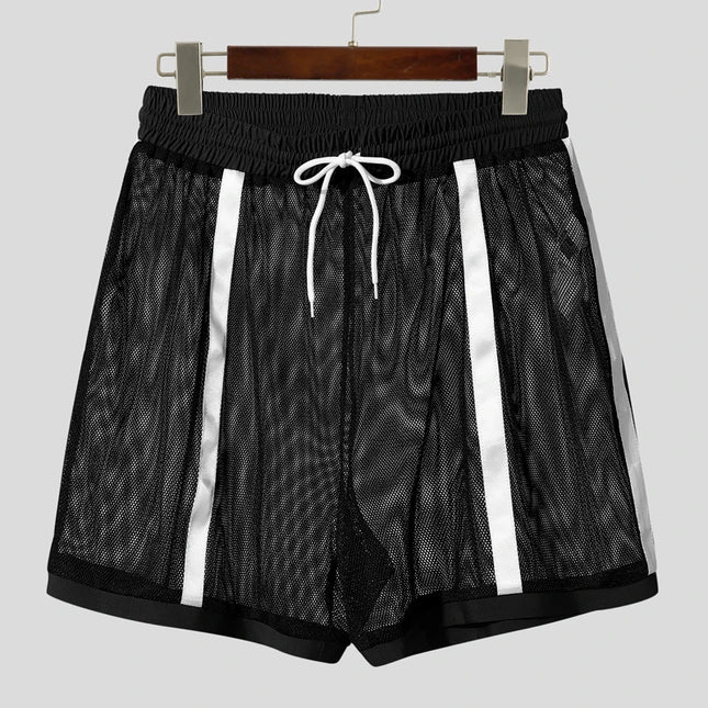 INCERUN Pantalones Cortos de Verano para Hombre Malla Retazos Cordón Suelto Transparente Pantalones Cortos Masculinos Ropa de Calle 2025 Sexy Vacaciones Hombre Parte Inferior
