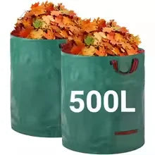 Pair of green leaf bags filled with autumn leaves, labeled 500L