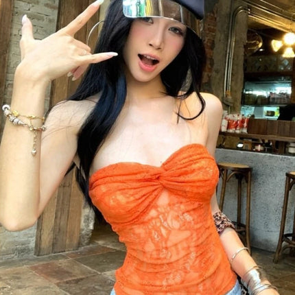 Streetwear Lace Flower Sexy Strapless Vest Women Y2k Aesthetic Bodycon Top Harajuku Grunge Vintage Pleated Camisole