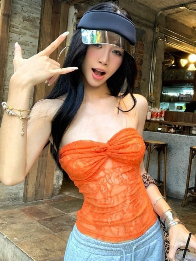 Streetwear Spitze Blume Sexy Trägerloses Bustier Damen Y2k Ästhetik Bodycon Top Harajuku Grunge Vintage Plissiertes Cami-Top