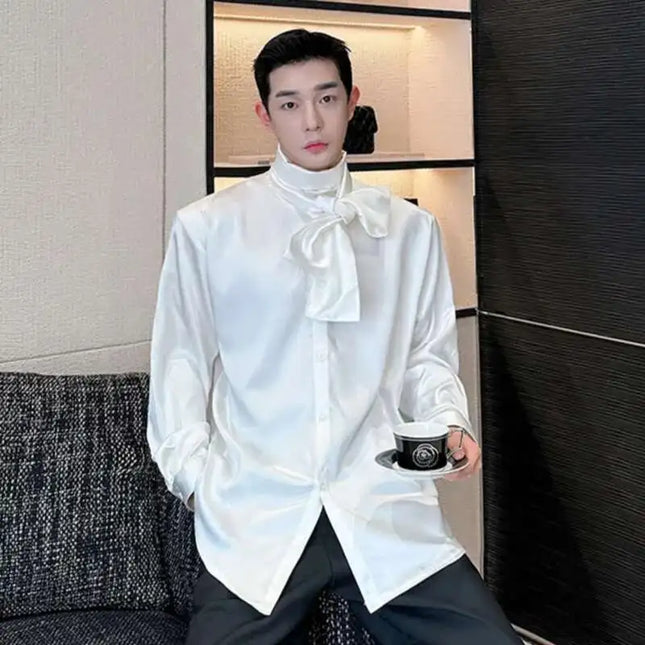 IEFB Koreanische Mode Herrenhemd Fliege Design Locker Einfach Frisch Langarm Casual Frühling 2024 Einfarbig Herren Oberteile 9C5081